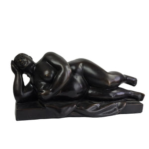 Botero bronze reclining woman sculpture front view on rectangular base