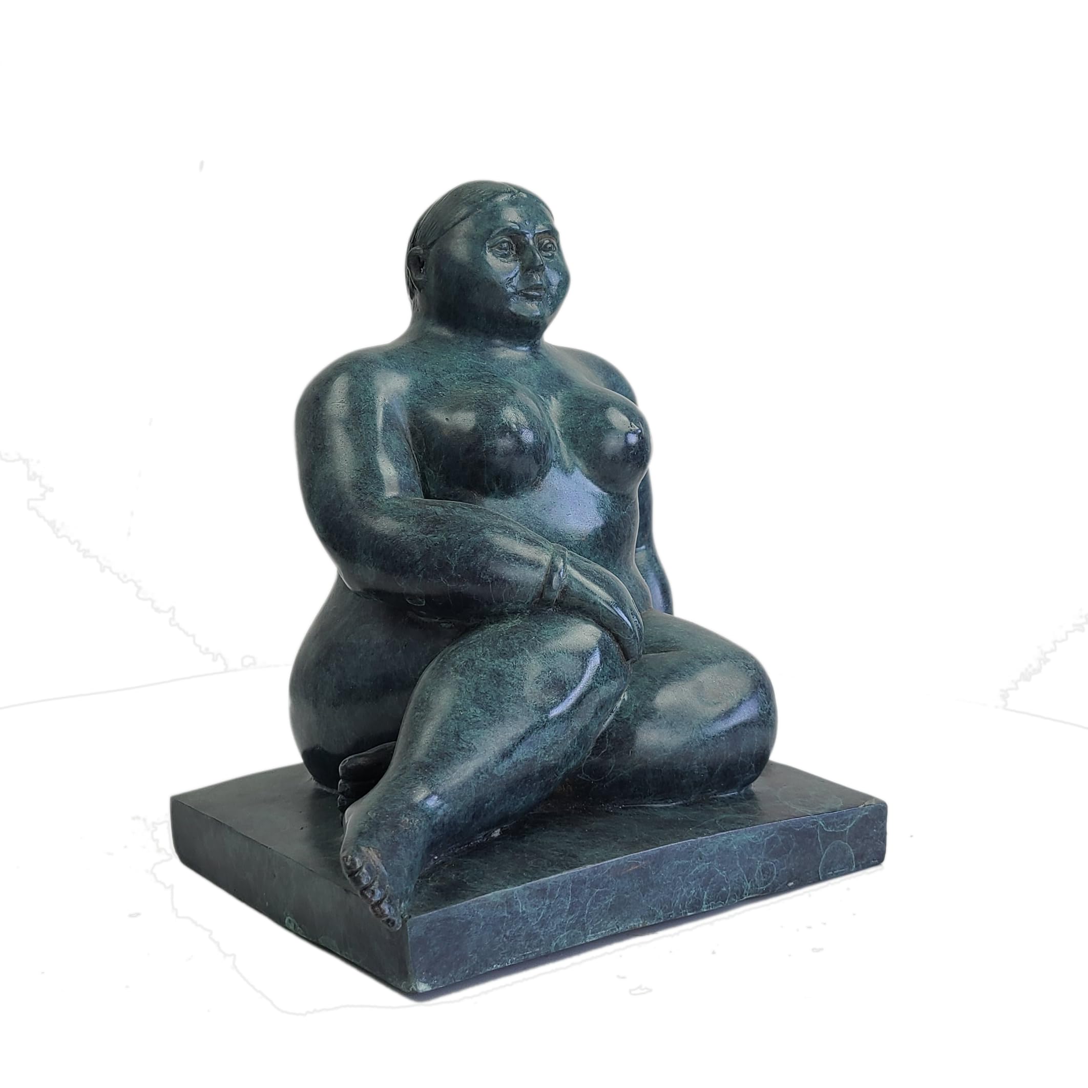 Botero bronze seated woman verdigris sculpture three quarter angle view