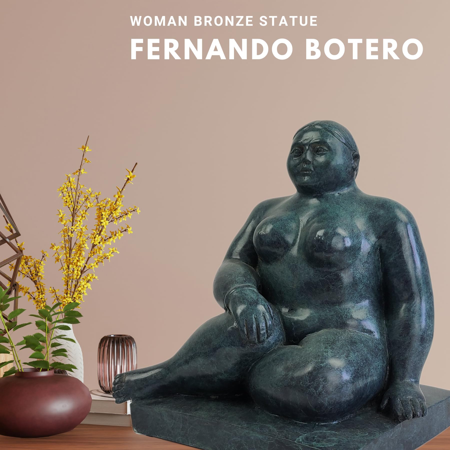 Botero bronze seated woman verdigris statue displayed beside vase in interior setting