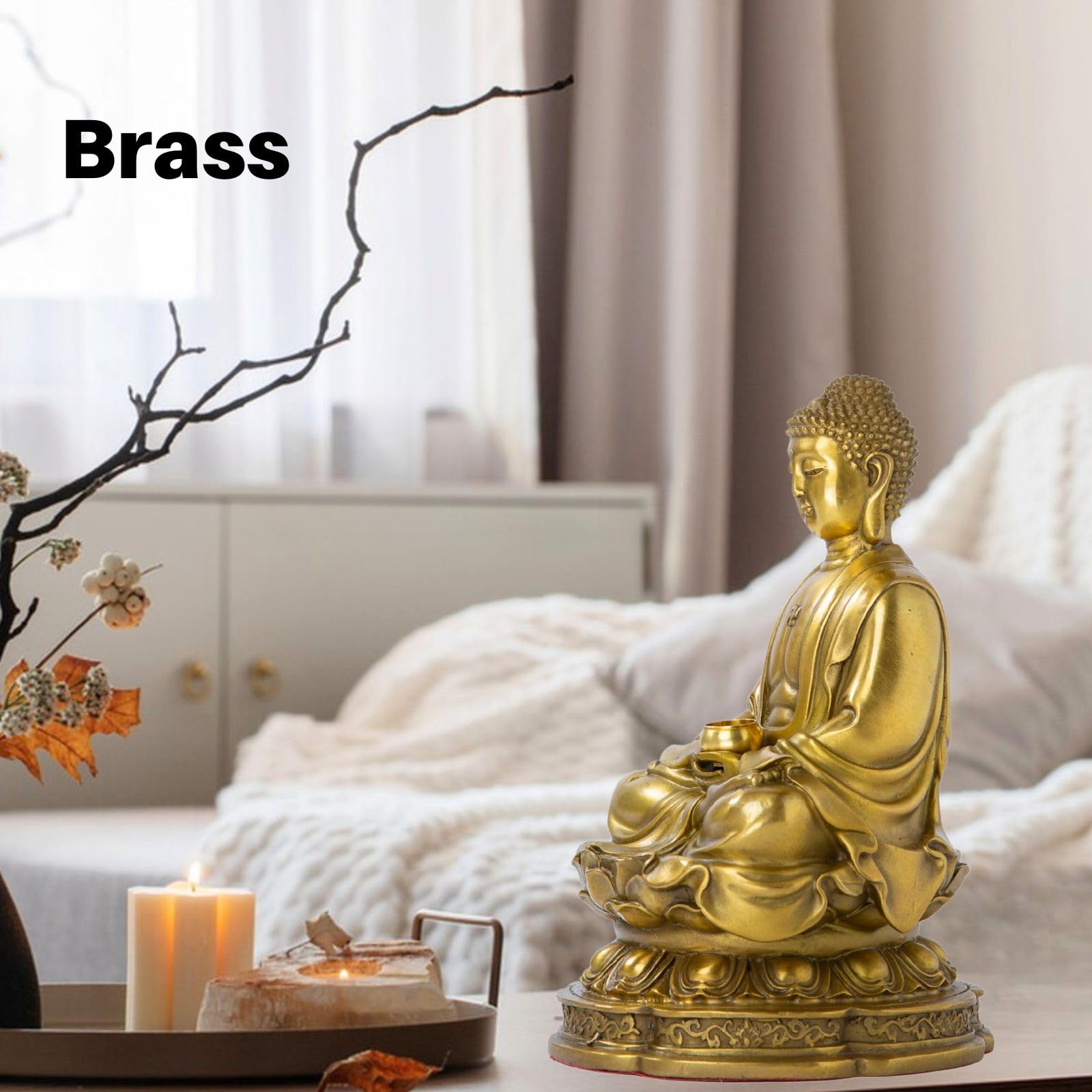 Brass Buddha statue material feature image in indoor setting showing solid brass gold finish quality