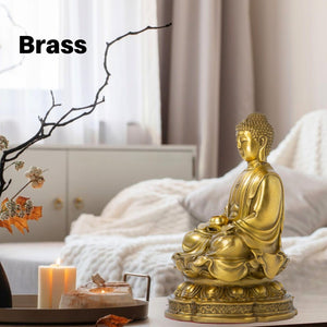 Brass Buddha statue material feature image in indoor setting showing solid brass gold finish quality