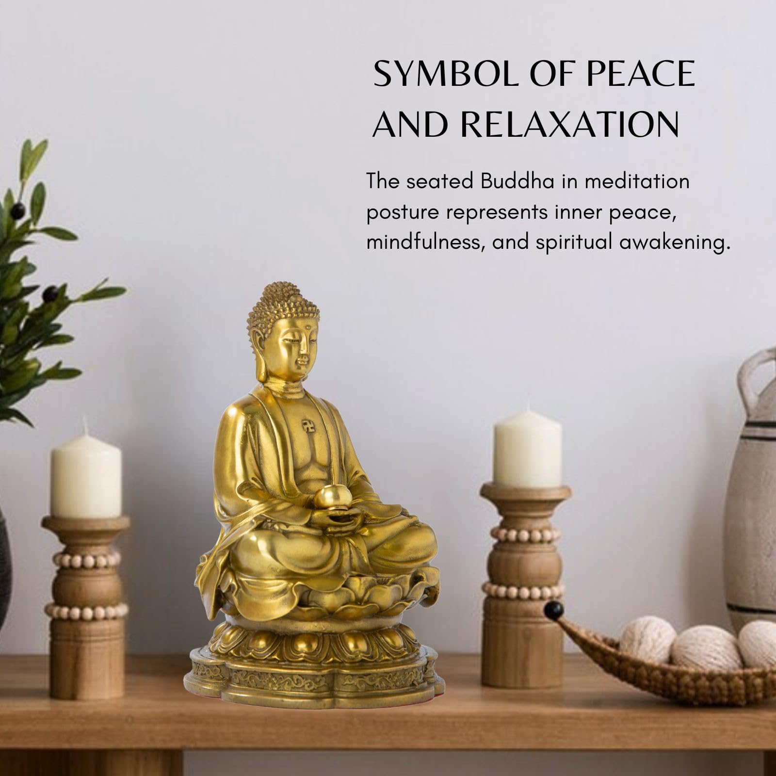 Brass Buddha statue symbol of peace feature card highlighting spiritual meaning and relaxation benefits
