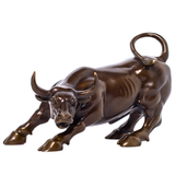 7.5-inch classic brown brass charging bull statue, front view.