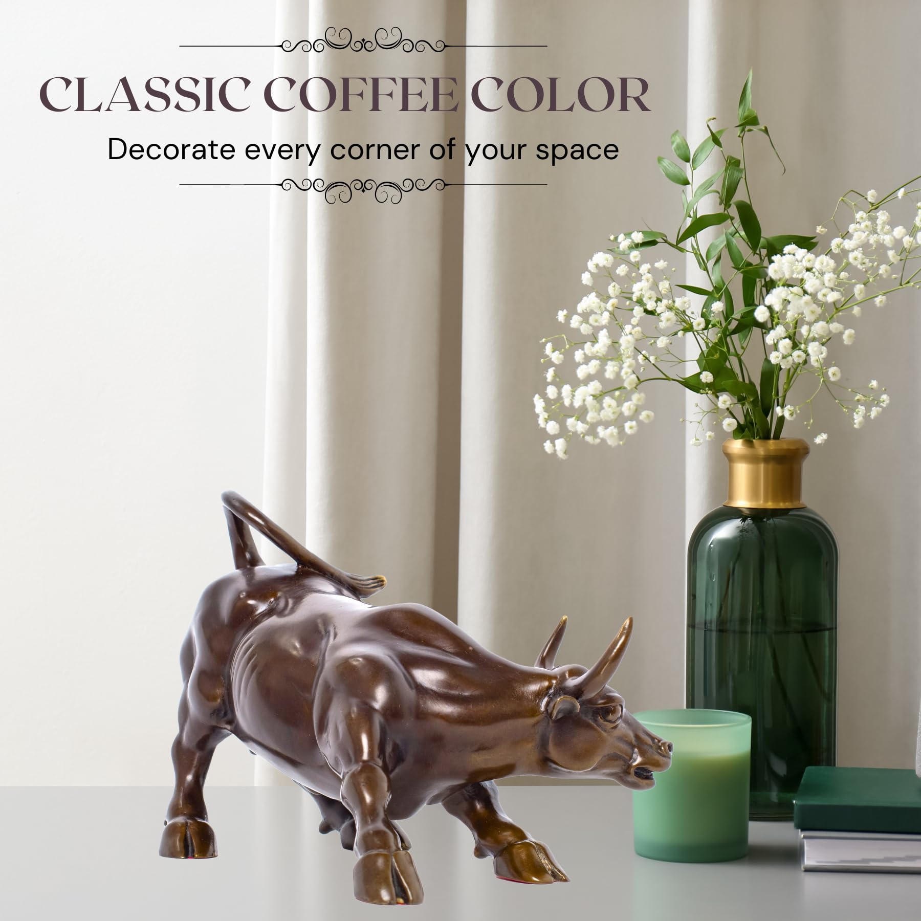 Majestic muscle detail on brown handcrafted brass bull.