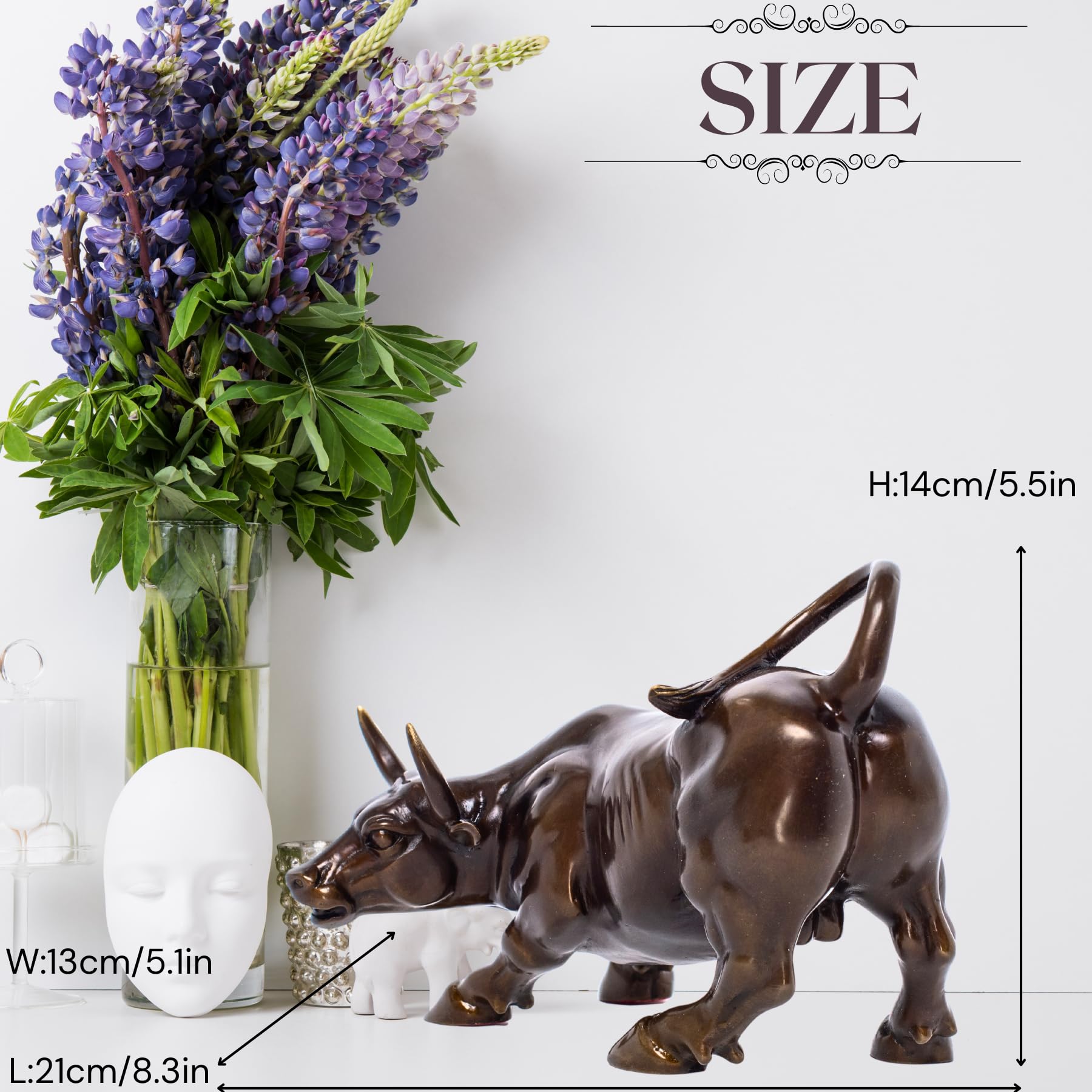 Classic brown brass Wall Street bull, side profile display.