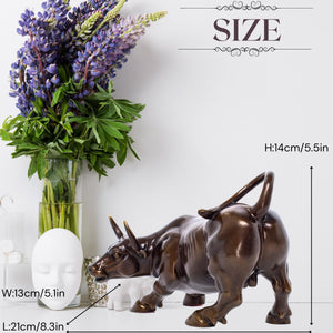 Classic brown brass Wall Street bull, side profile display.