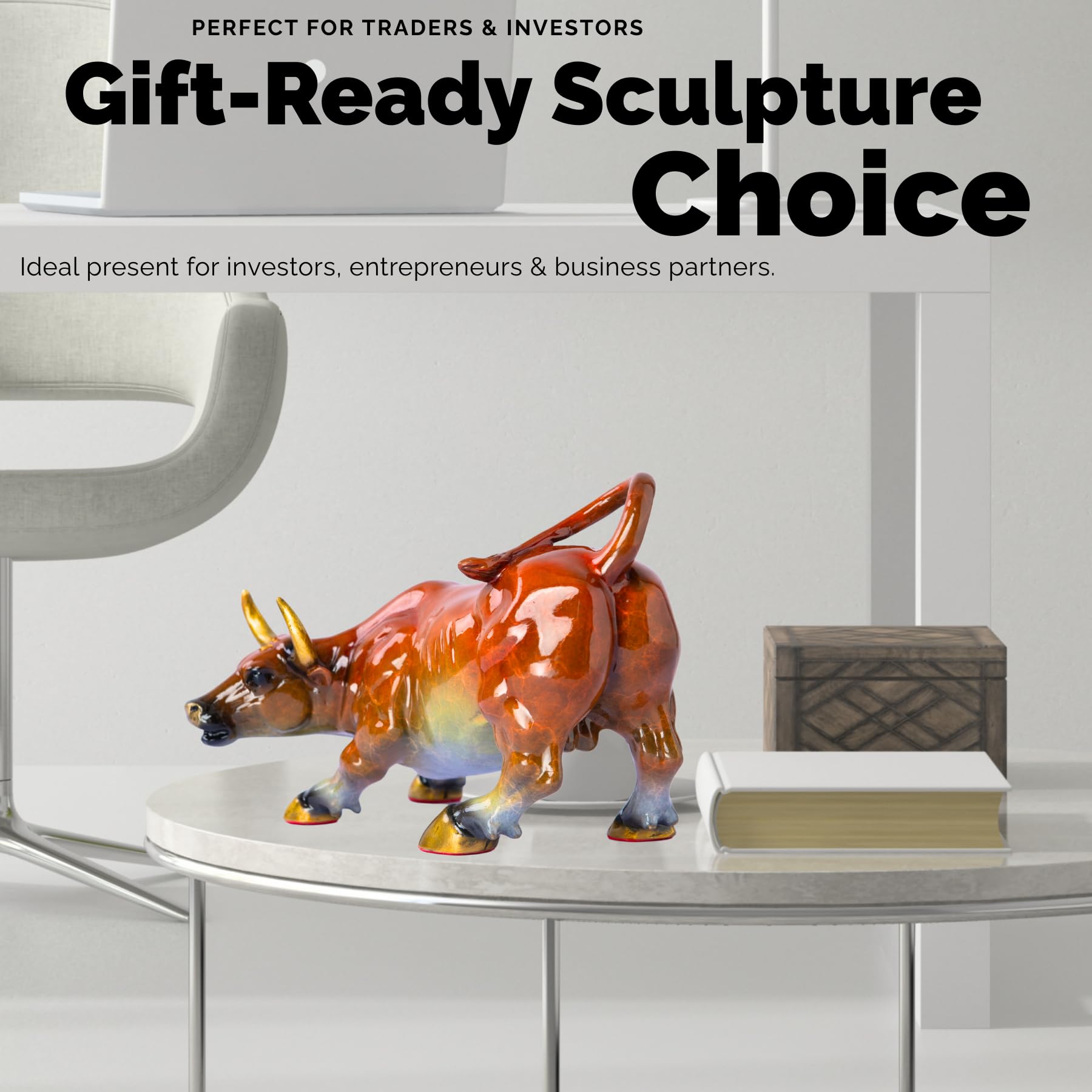 Detailed artistic muscle finish on colorful bull figurine.