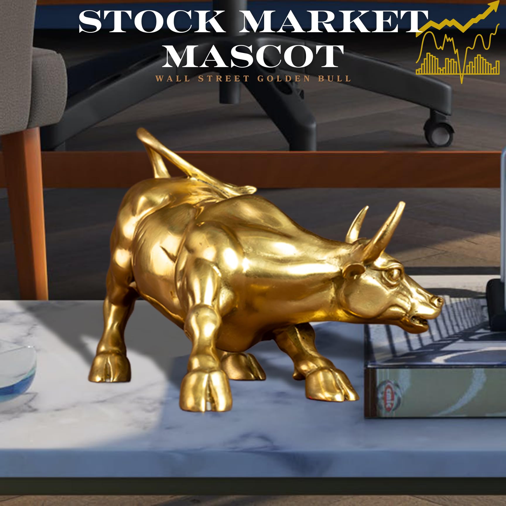 Gold brass bull statue styled on a modern office desk.