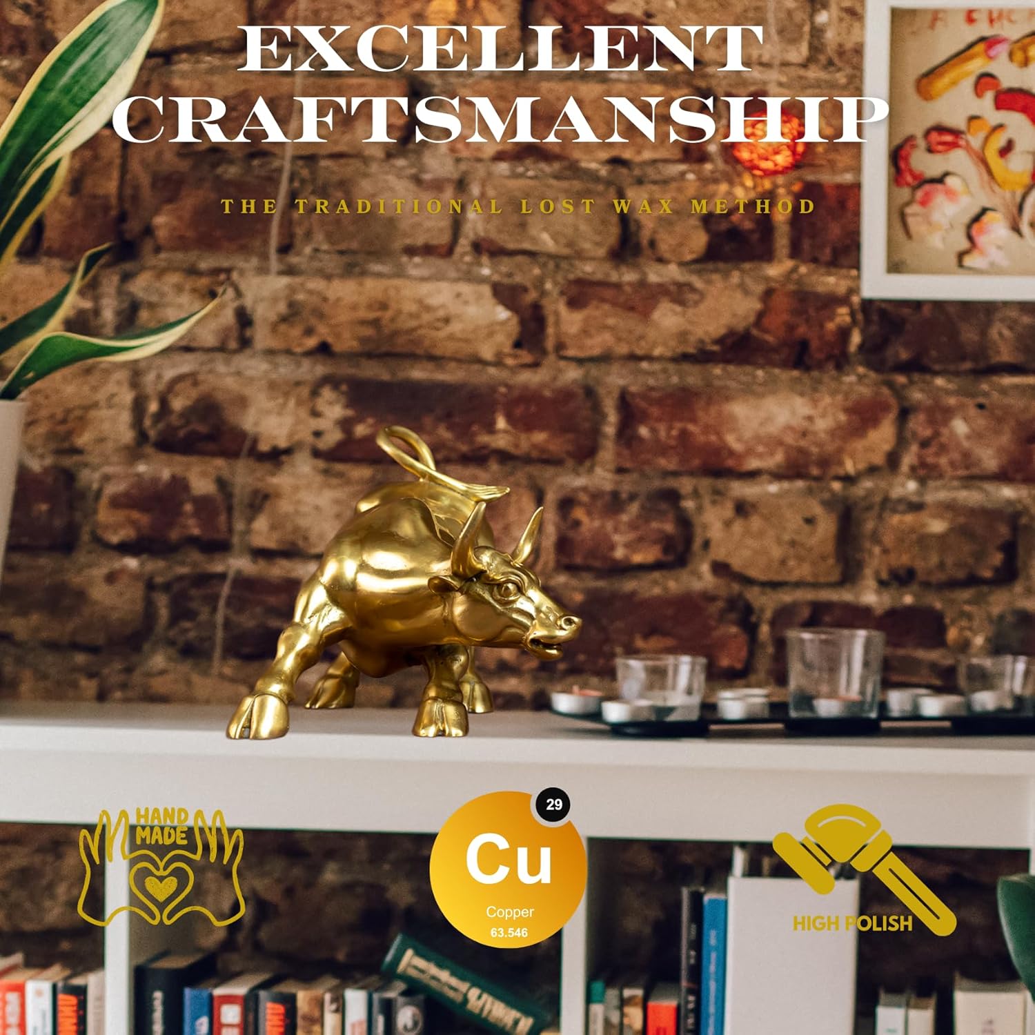 Excellent craftsmanship of the golden brass bull figurine.