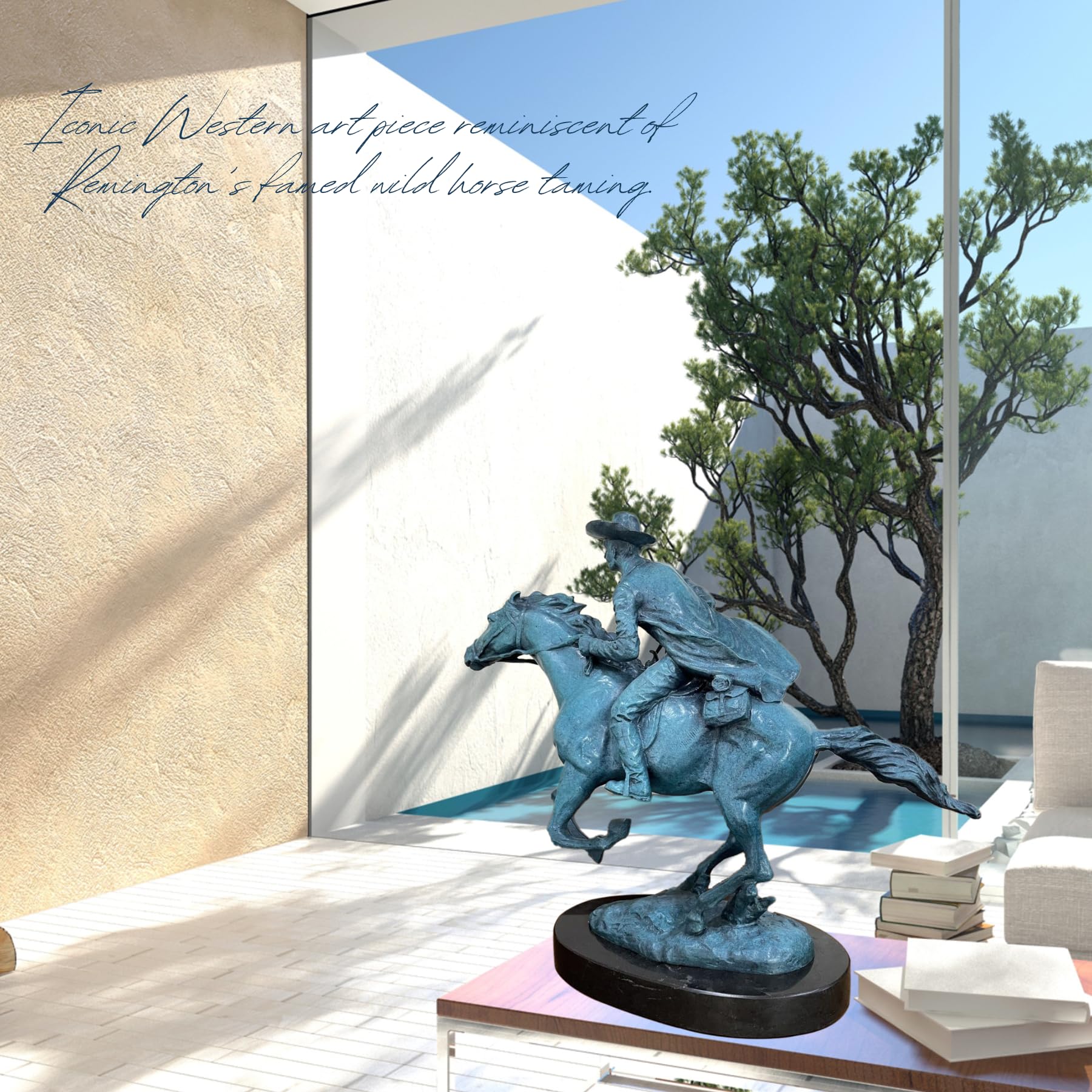 Close-up detail of azure blue patina texture on Bronco Buster bronze western statue