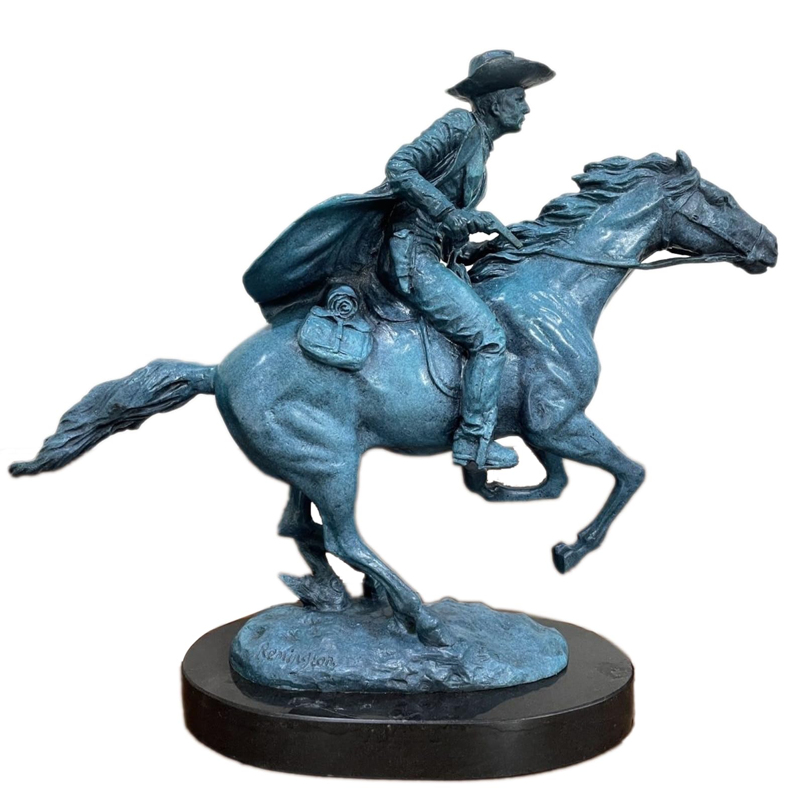 Bronco Buster bronze sculpture with azure blue patina, full view on black marble base