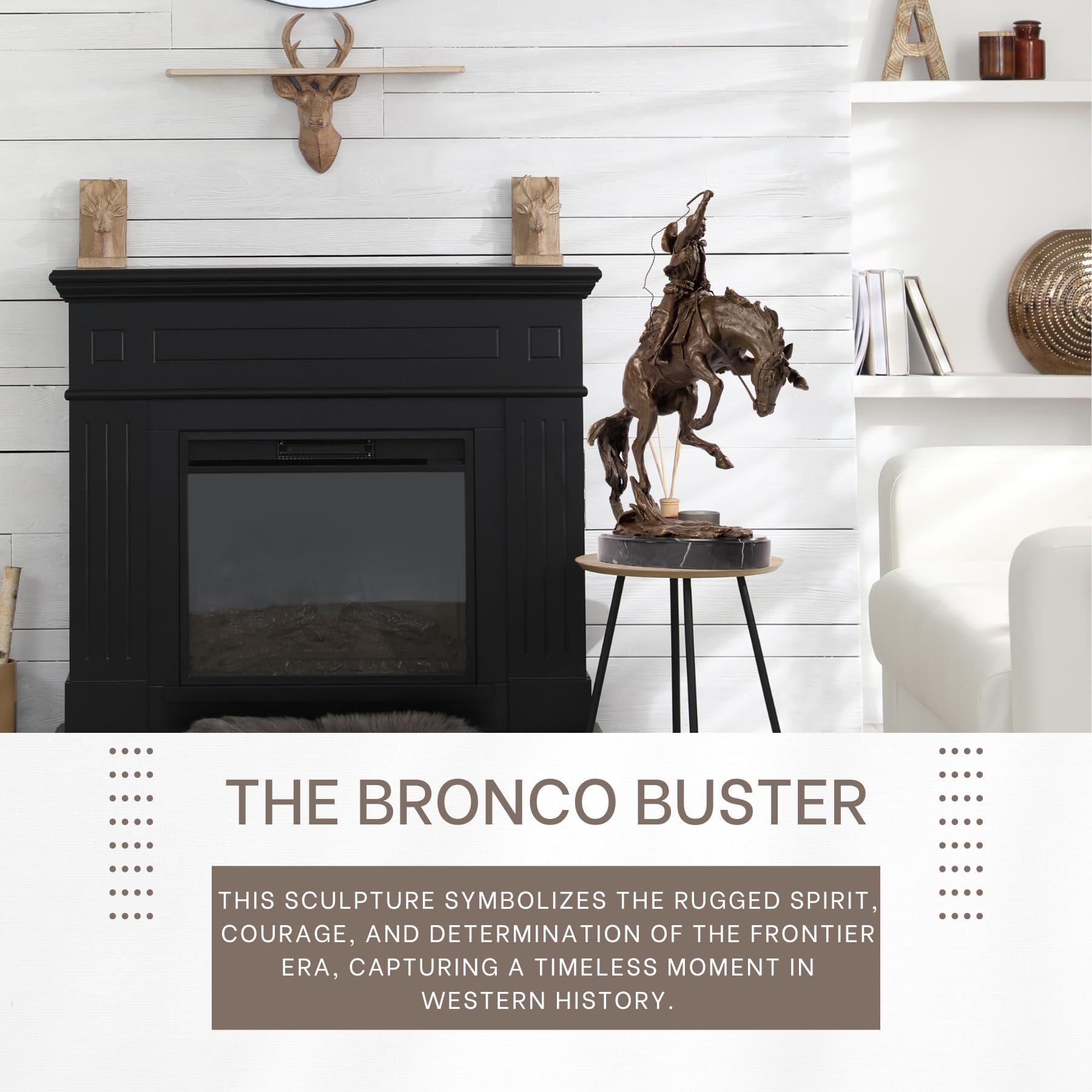 Bronco Buster bronze western statue displayed in modern living room home décor setting