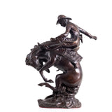 Bronco Buster bronze sculpture Style 3 classic brown, front view on round base