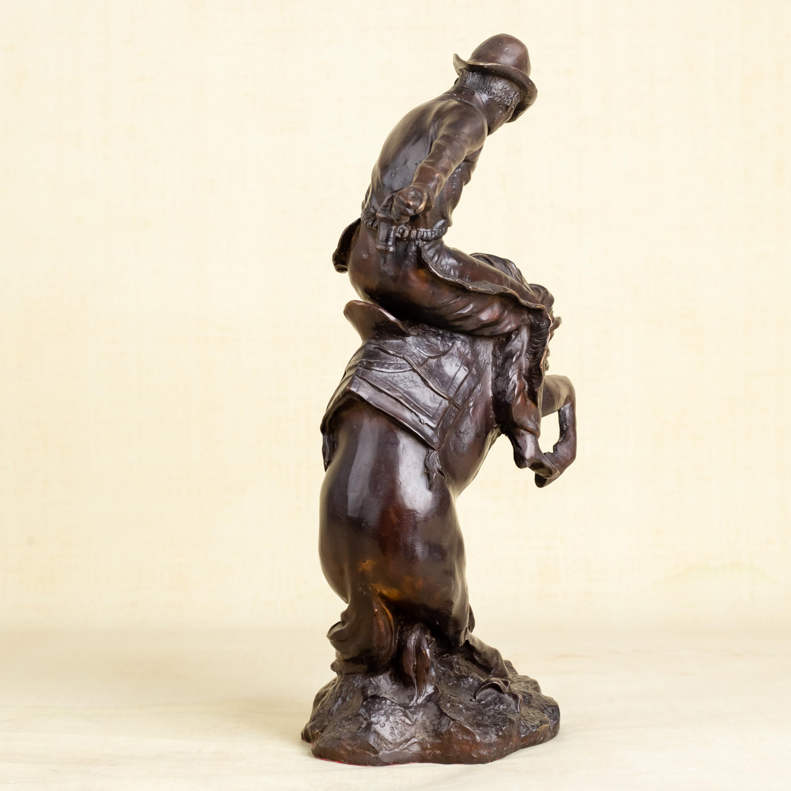 Side profile of Style 3 Bronco Buster classic brown bronze western sculpture