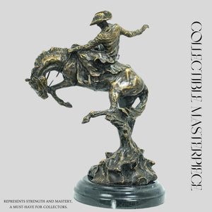 High-quality lost-wax cast detail on circular base Bronco Buster.