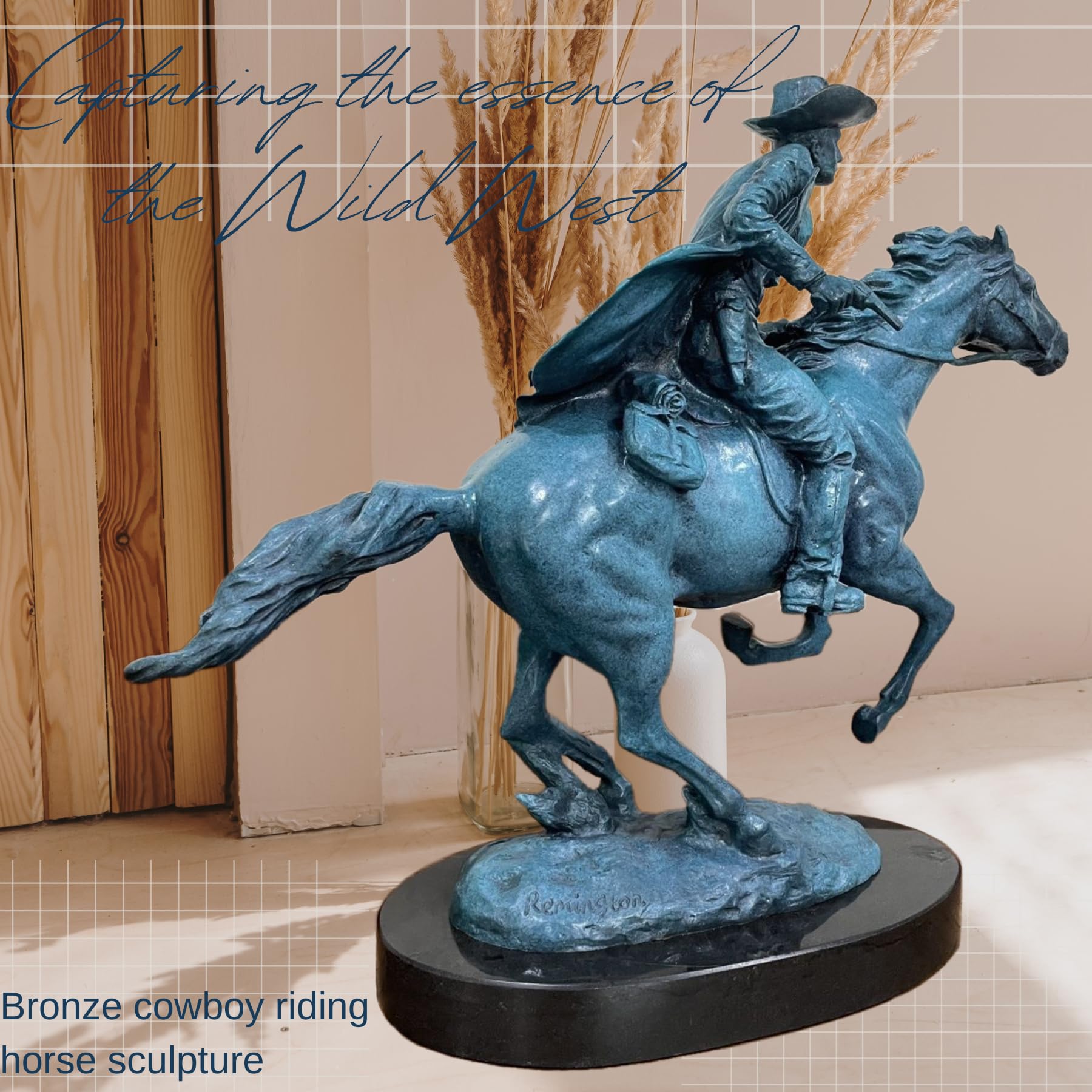 Side view of Bronco Buster cowboy and horse bronze sculpture with blue patina finish