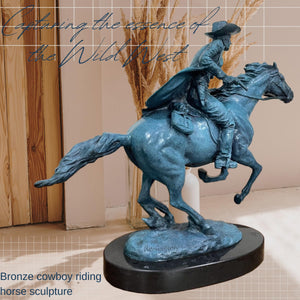 Side view of Bronco Buster cowboy and horse bronze sculpture with blue patina finish
