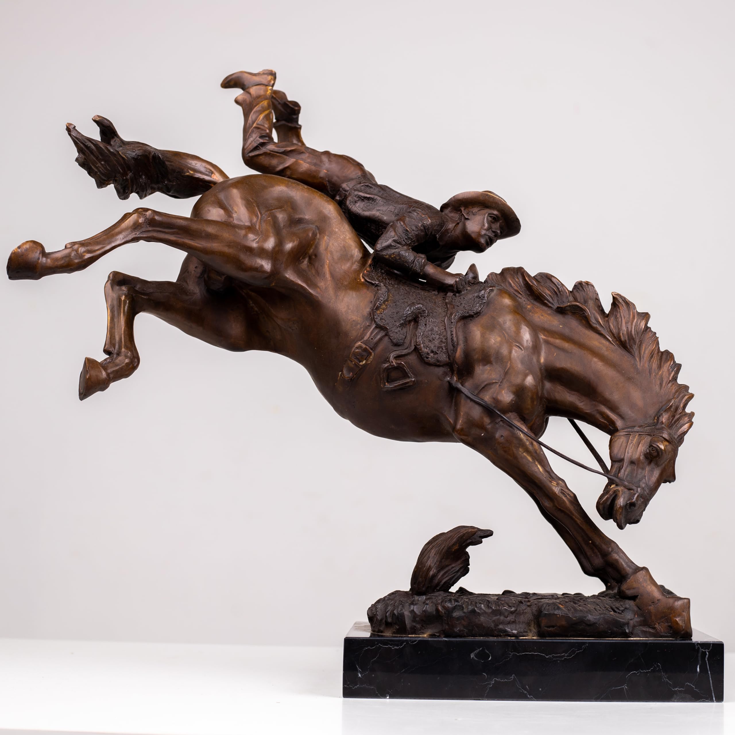 Large Bronco Buster bronze sculpture Style 4 – The High-Stakes Plunge, front view on marble base