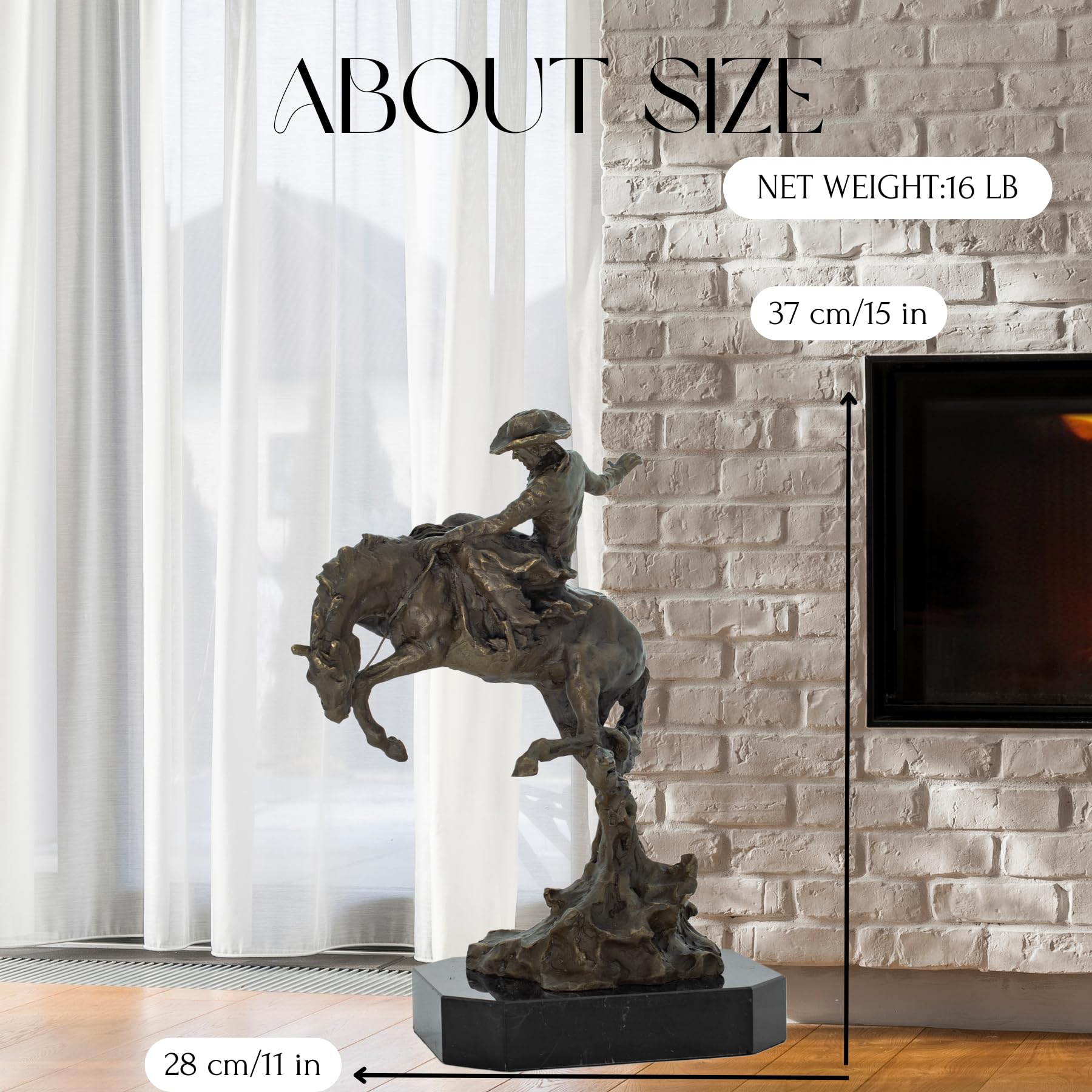 Side view of Bronco Buster bronze sculpture, octagonal base.
