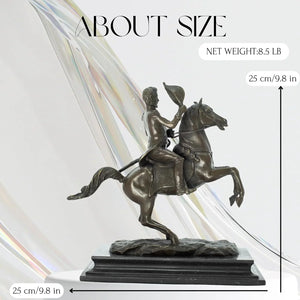 9.8-inch bronze General Andrew Jackson on horseback statue with size dimension reference showing 8.5 lb weight, front view