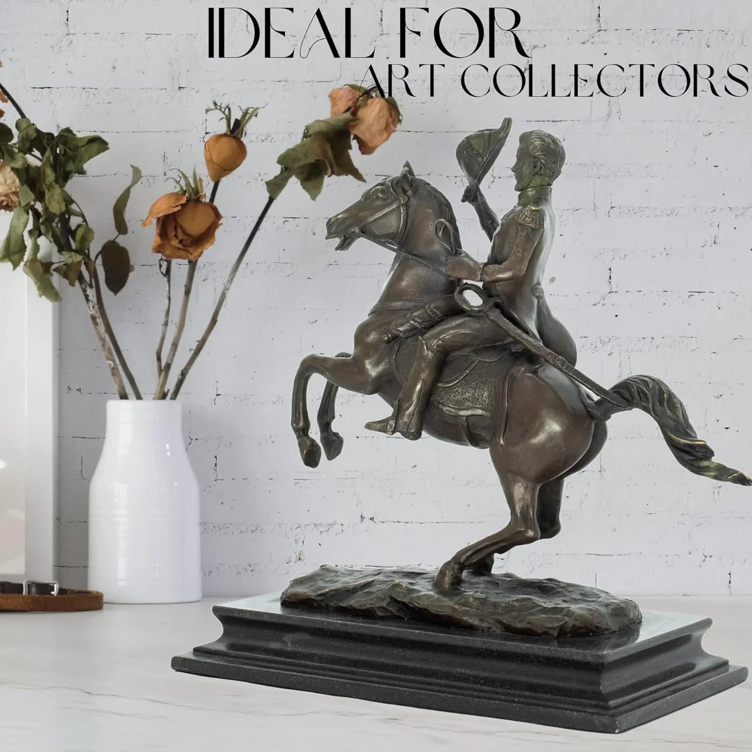 Bronze General Andrew Jackson on horseback statue ideal for art collectors displayed with indoor floral decor