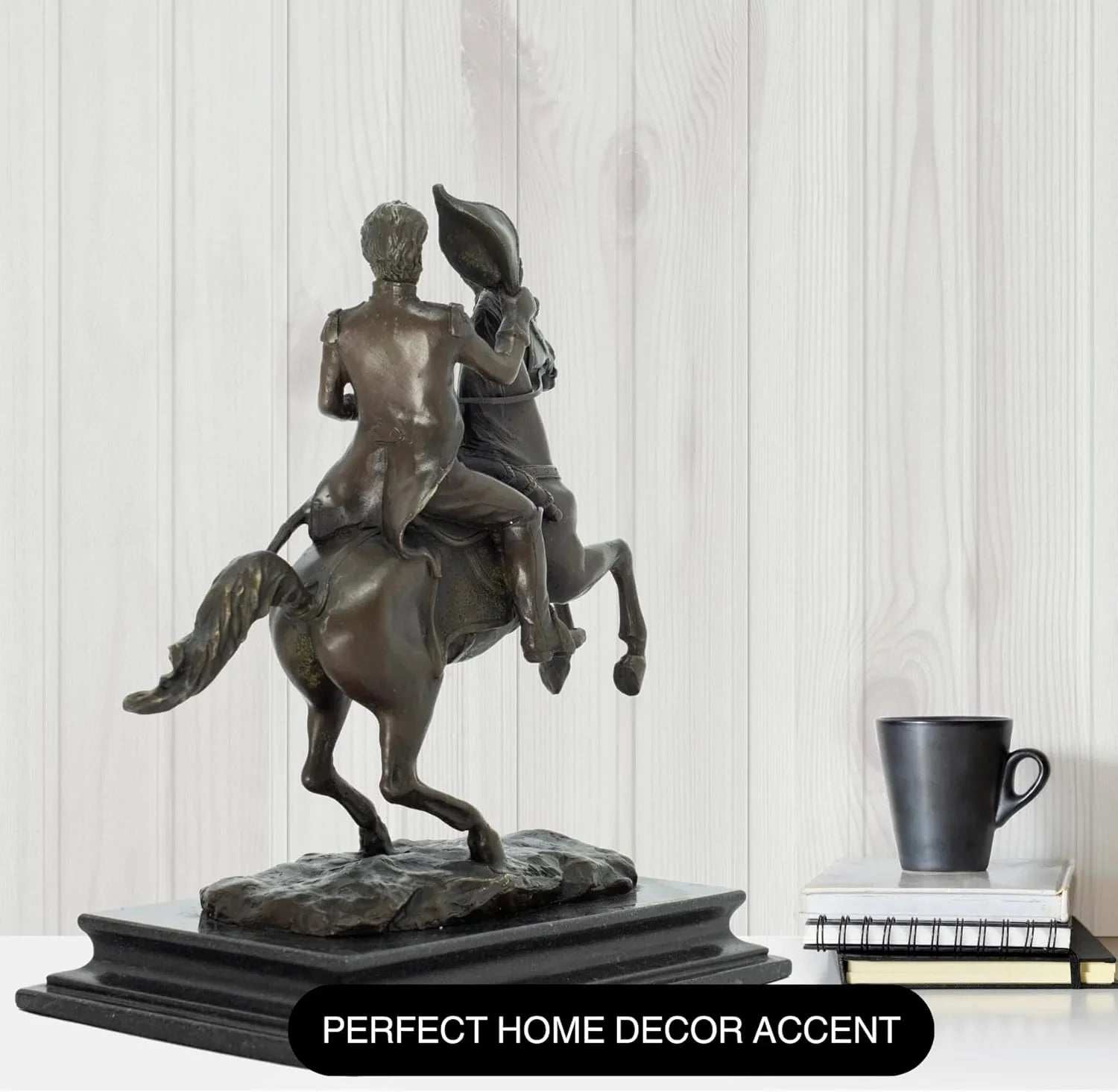 Bronze General Andrew Jackson on horseback statue displayed at angle in modern interior home decor setting