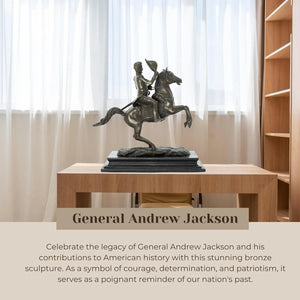 Bronze General Andrew Jackson on horseback statue displayed against woven macrame wall decor background