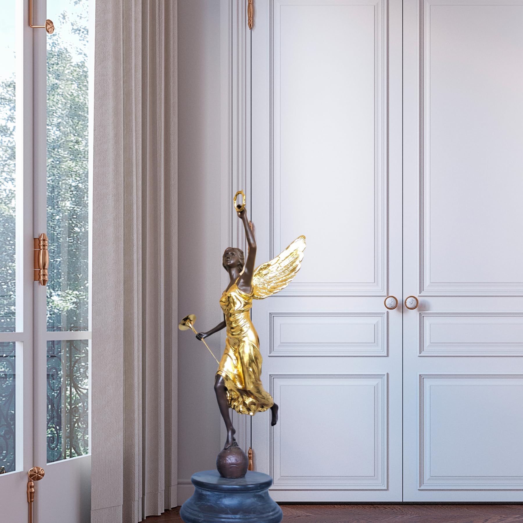 Bronze angel statue pair displayed beside fireplace white brick interior