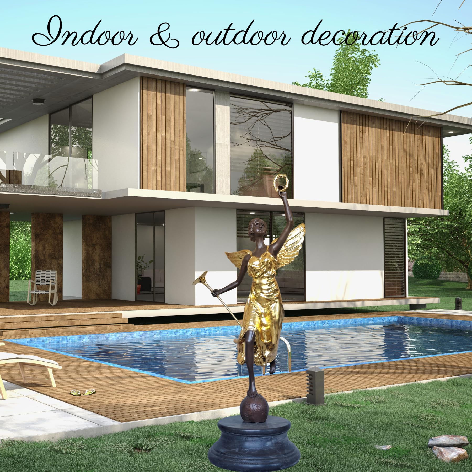 Bronze angel statue pair indoor outdoor display beside luxury pool setting