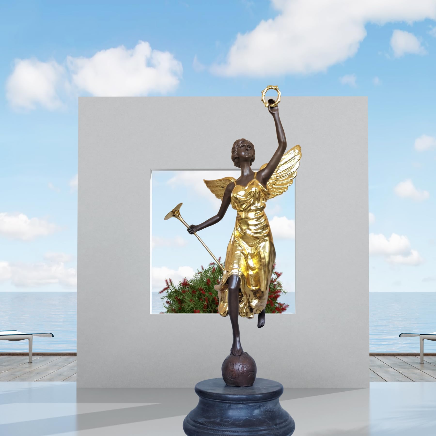 Pair of bronze angel statues trumpet and laurel wreath verdigris patina full view ocean backdrop