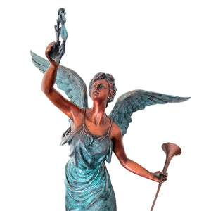 Bronze angel statue verdigris patina back three quarter angle wings detail