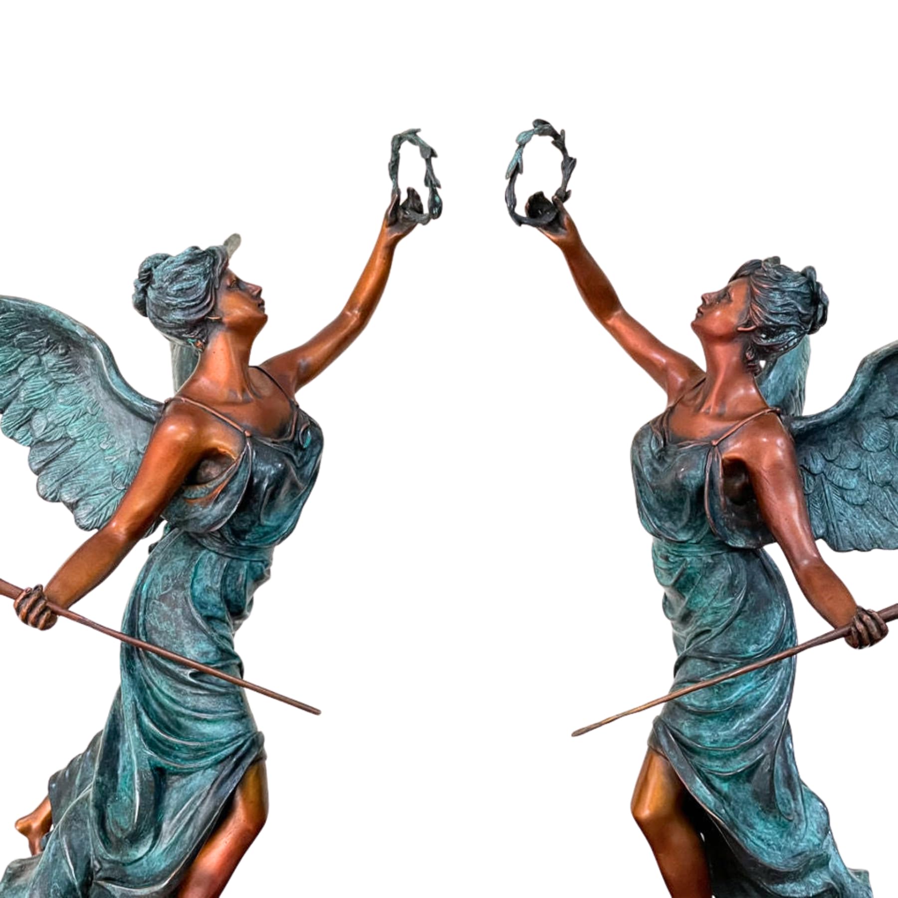 Bronze angel statue verdigris patina side left profile view full body