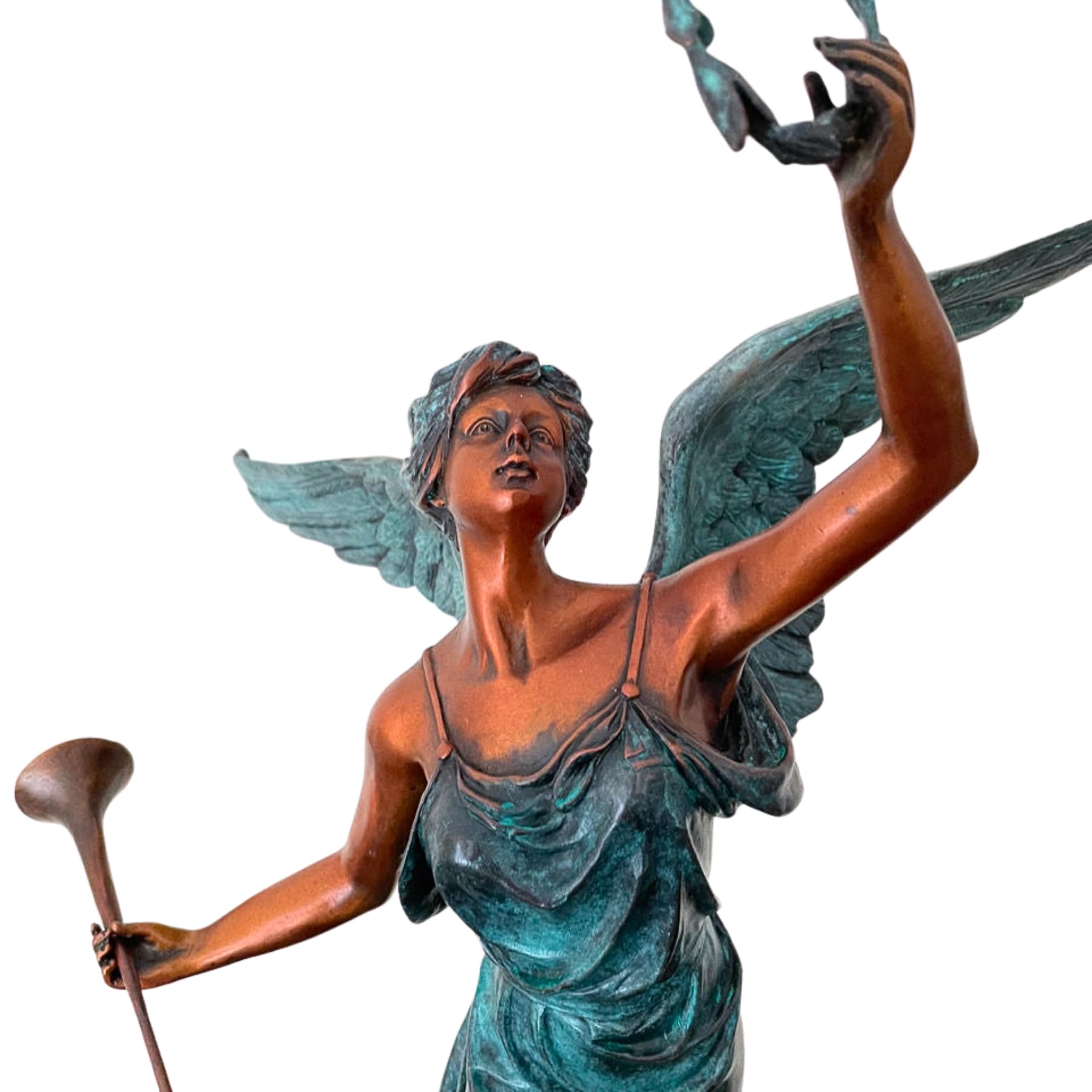 Bronze angel statue verdigris patina side right profile view full body