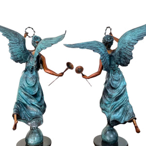 Bronze angel statue verdigris patina three quarter right angle view