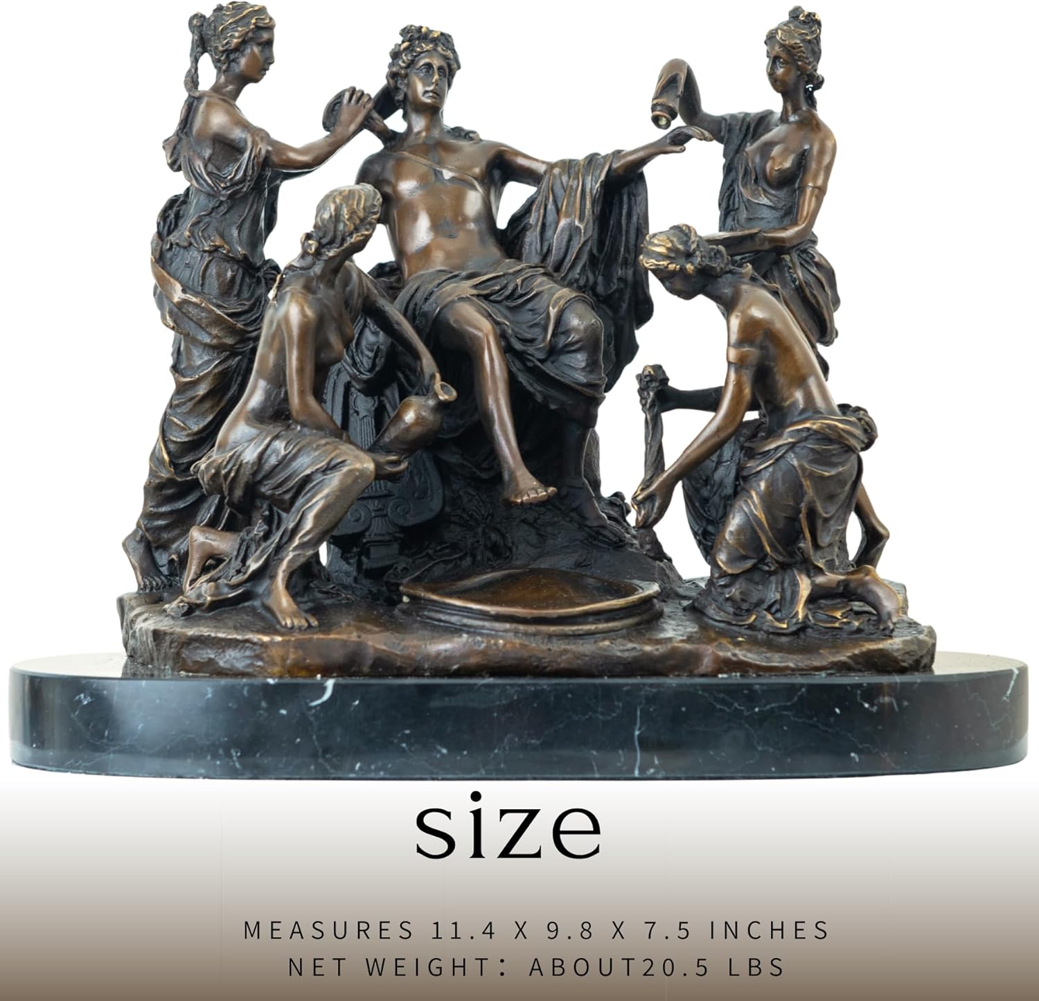 11.4-inch bronze Apollo and the Nymphs sculpture after Girardon on marble base with size reference, front view