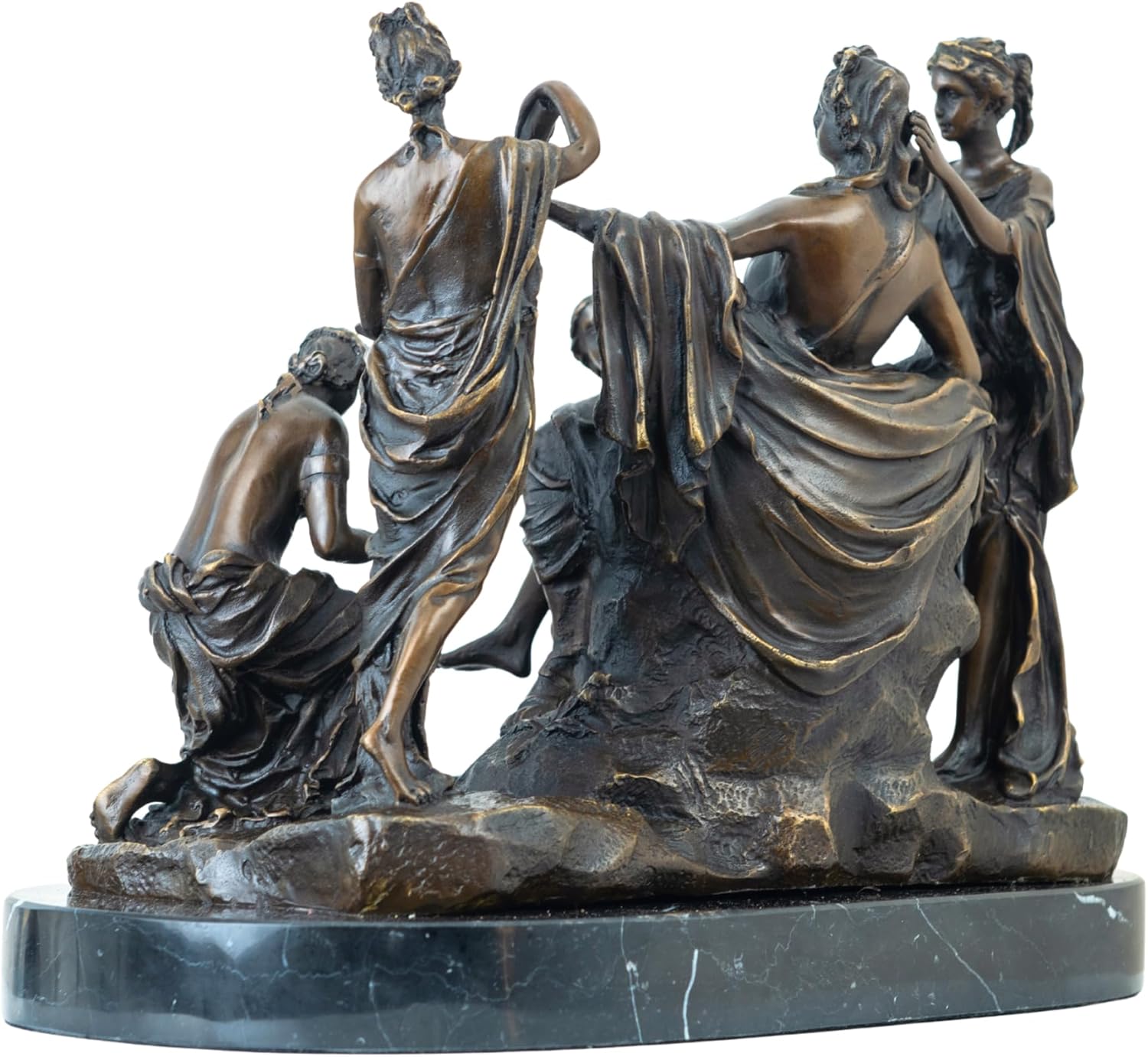 Back angle view of bronze Apollo and the Nymphs after Girardon sculpture showing full group composition