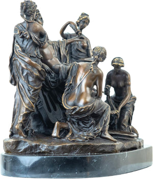 Front angle view of bronze Apollo and the Nymphs classical mythology group sculpture detail