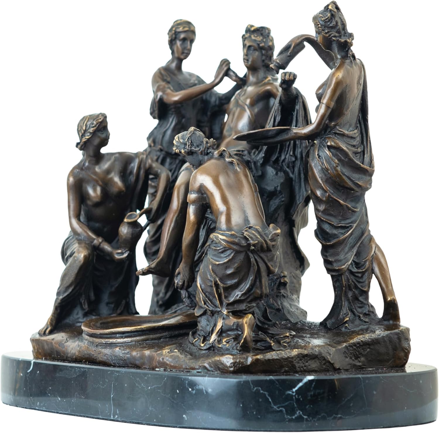 Close-up front detail of bronze Apollo and the Nymphs sculpture showing classical figure grouping
