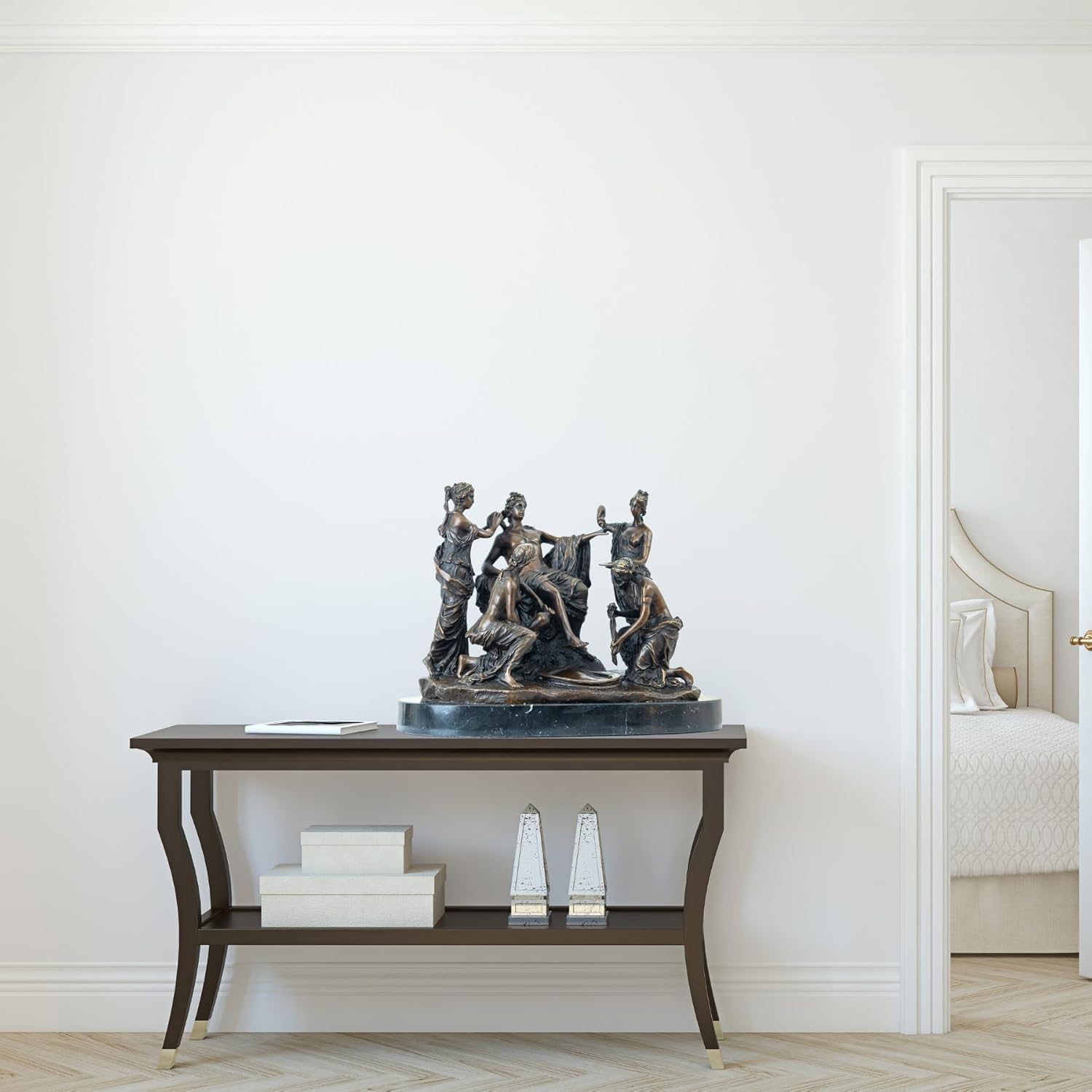 Bronze Apollo and the Nymphs sculpture displayed in indoor gallery room showing full scale setting