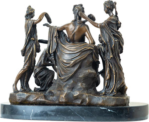 Side view of bronze Apollo and the Nymphs classical mythology sculpture on marble base full body