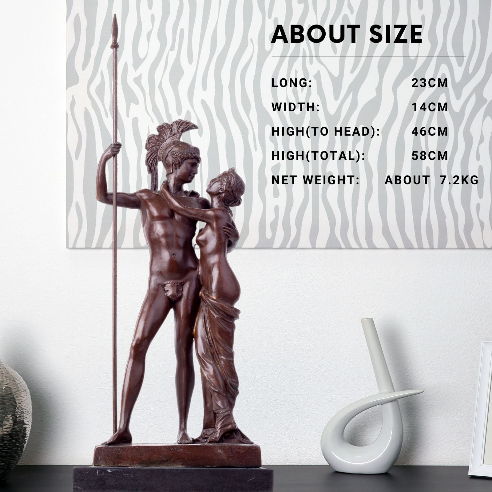 22.8-inch bronze Ares and Aphrodite Greek mythology sculpture with size dimensions showing 7.2kg weight front view