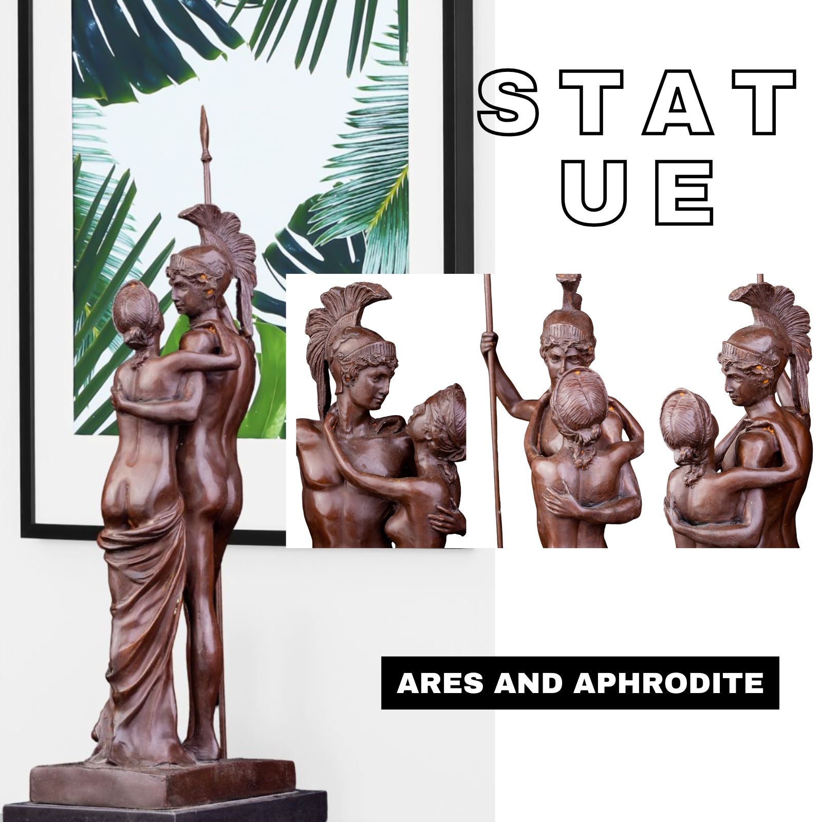 Bronze Ares and Aphrodite Greek mythology sculpture in art gallery setting with colorful background