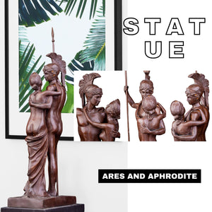 Bronze Ares and Aphrodite Greek mythology sculpture in art gallery setting with colorful background