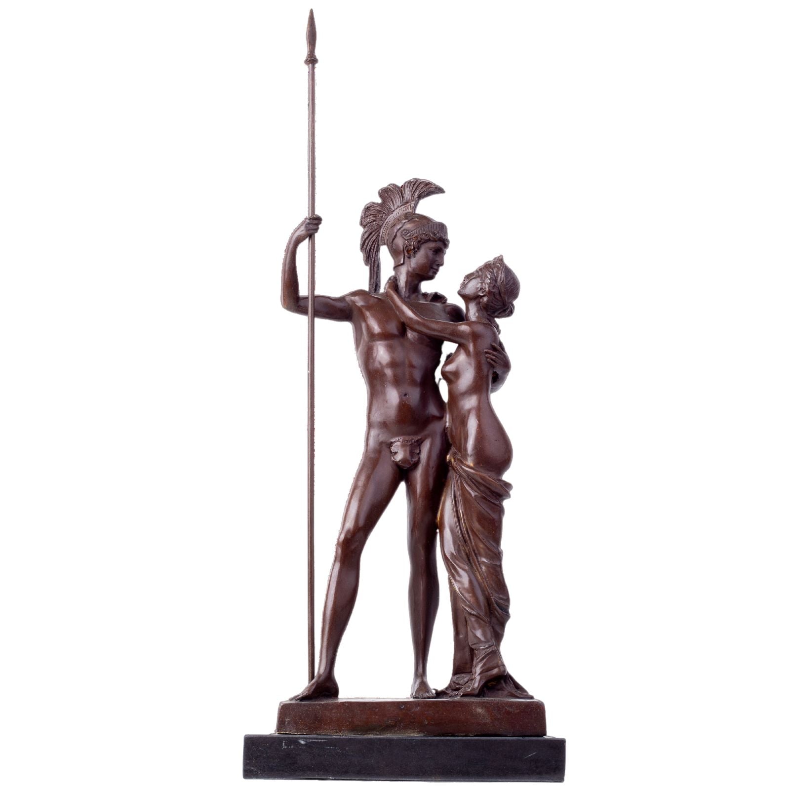 Bronze Ares and Aphrodite warrior and goddess sculpture front full body view on white background