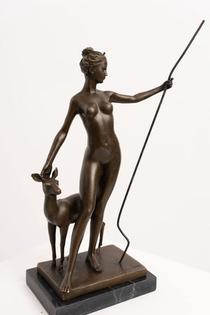 Right side profile of bronze Greek goddess Artemis statue with spear