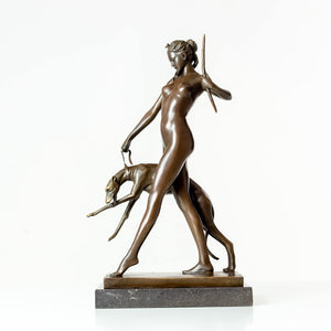 12.6-inch bronze Artemis huntress goddess statue with greyhound and spear on marble base, front view