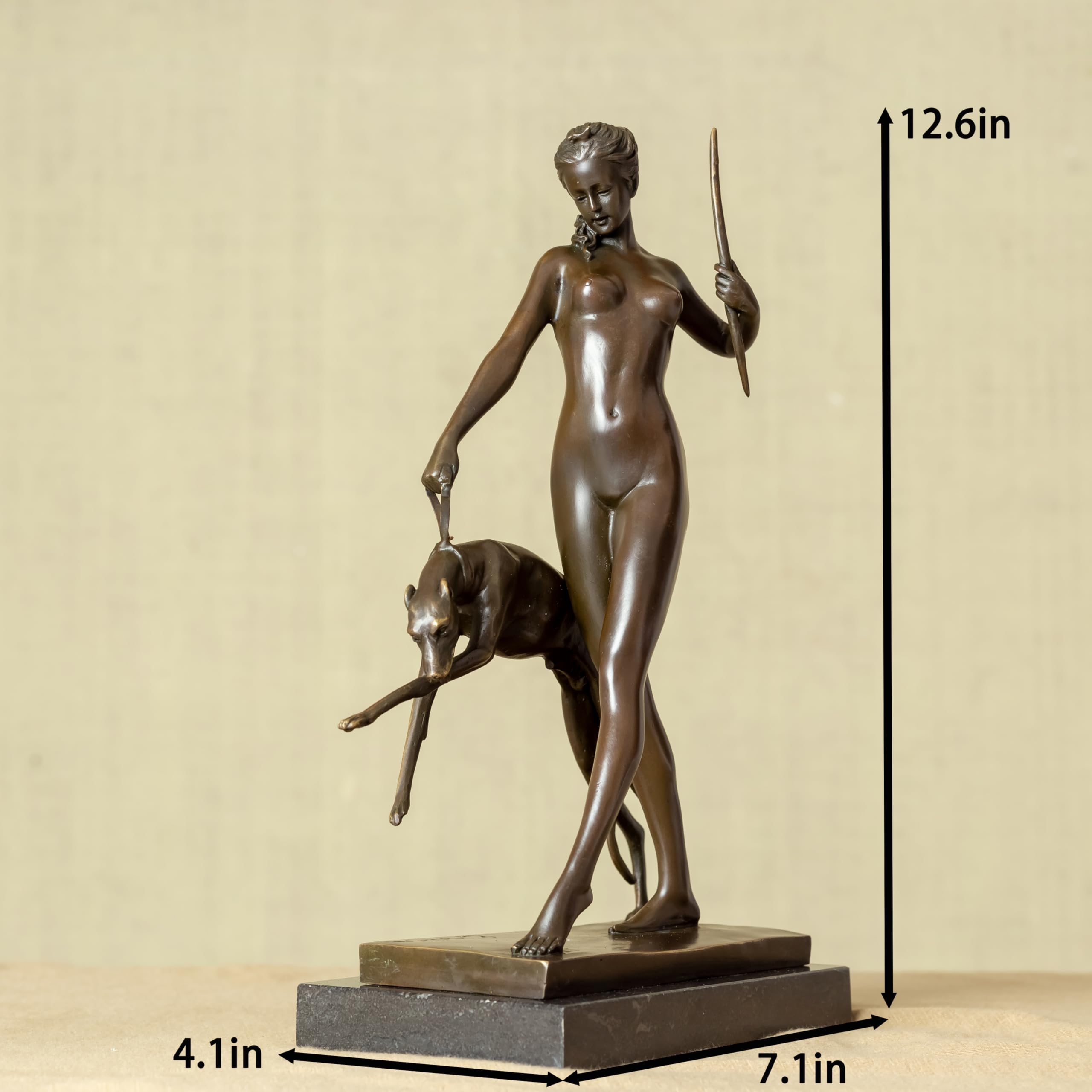 Bronze Artemis huntress statue with greyhound displayed against white wall with size dimension labels