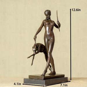 Bronze Artemis huntress statue with greyhound displayed against white wall with size dimension labels