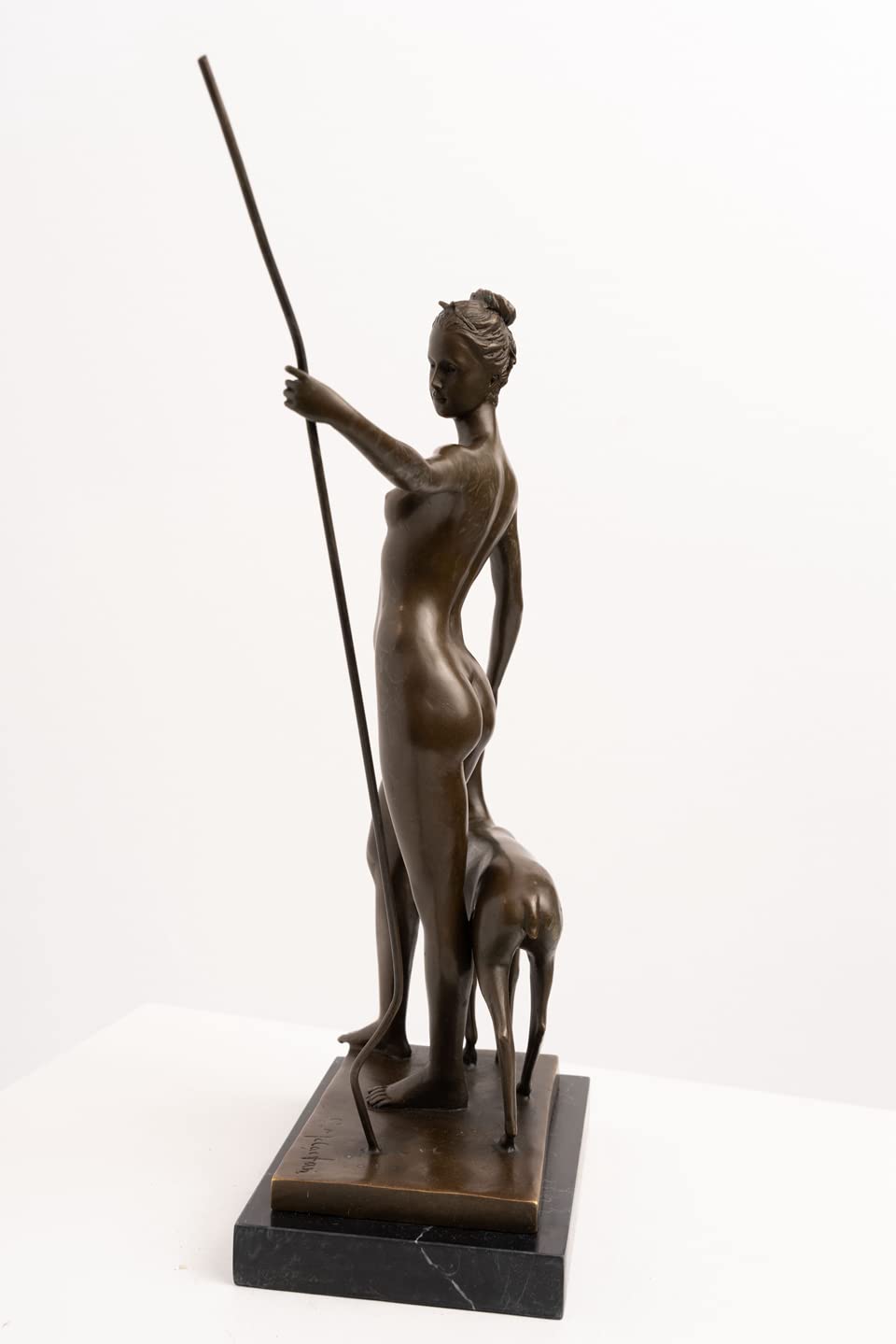 Black marble base detail of 14-inch bronze Greek goddess Artemis statue