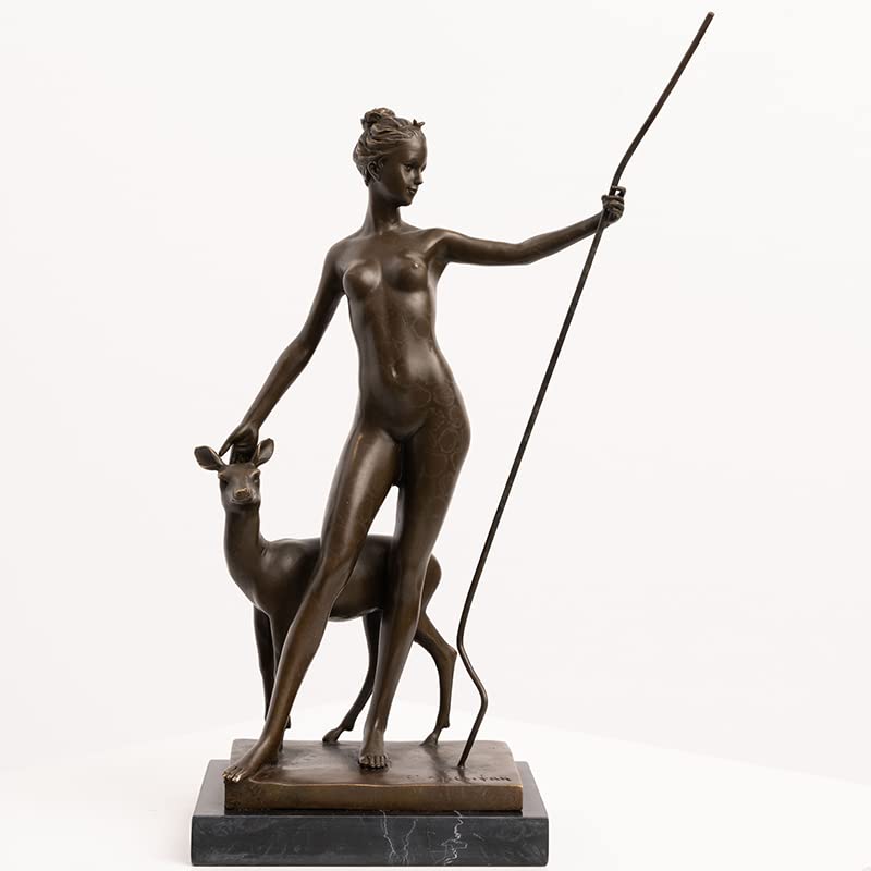 14-inch bronze Artemis goddess statue with fawn and spear on black marble base